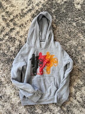 Gray Kids Hoodie with Three-Color Motorcycle Graphic